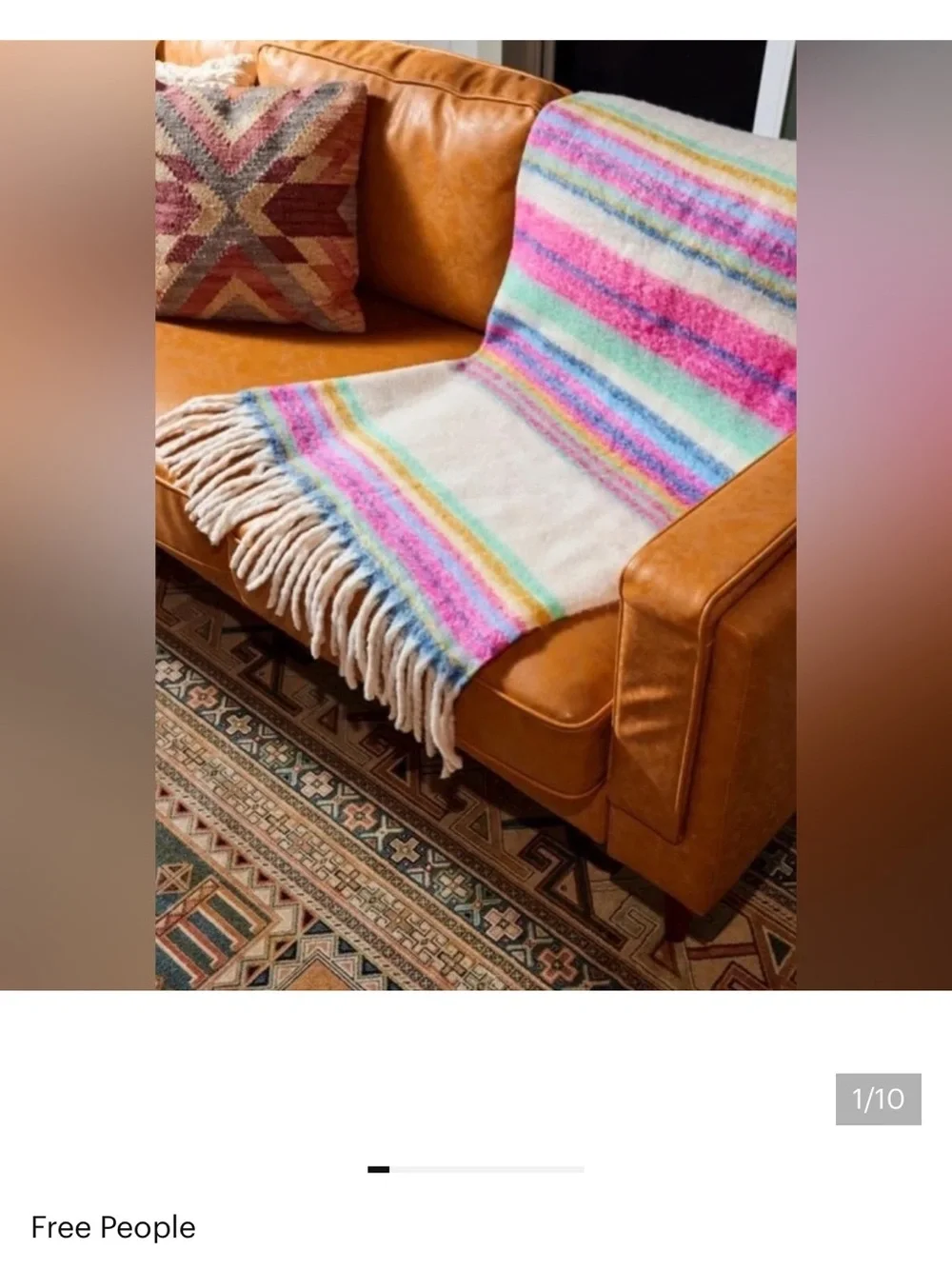 Free People Ivory Multi Striped Fringe Throw Blanket